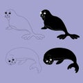 Set of seal pups sitting and lying in different poses. Outline and simple style vector illustration. Isolated design element Royalty Free Stock Photo