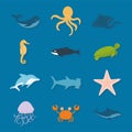 set of sealife icons on a blue background
