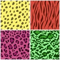 Set of seamless animal fur bright color patterns, vector feline or cat background Royalty Free Stock Photo