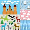 Set 3 seamless background. Castle, Fabulous animals. vector