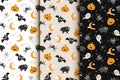 Set of seamless backgrounds with Halloween icons. Pattern with bat, cat, spider, ghost, pumpkin, moon for backdrop Royalty Free Stock Photo
