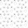 A set of seamless backgrounds with leaves, flowers and flower bud. Line drawing. Lines have different widths. Black Royalty Free Stock Photo