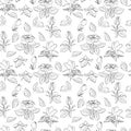 A set of seamless backgrounds with leaves, flowers and flower bud. Line drawing. Lines have different widths. Black Royalty Free Stock Photo