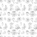 A set of seamless backgrounds with leaves, flowers and flower bud. Line drawing. Lines have different widths. Black Royalty Free Stock Photo