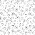 A set of seamless backgrounds with leaves, flowers and flower bud. Line drawing. Lines have different widths. Black Royalty Free Stock Photo