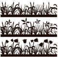 Set of seamless black silhouette grass, flowers pattern on white background, design element stock Royalty Free Stock Photo