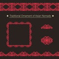 Set of seamless 2 border, 1 frame and 2 vector ornamental elements with motifs of Kazakh, Kyrgyz, Tatar,