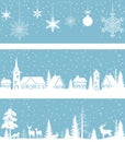 Set of seamless borders with christmas decoratiive backgrounds houses, animals, snowflakes. Royalty Free Stock Photo