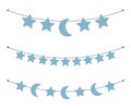 Set of seamless bunting garland with blue moons and stars.