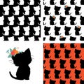 Set of seamless cat pattern and kitty silhouette black white red. Repeating vector animal background. Kitten with