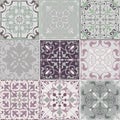 Set of seamless ceramic tiles in blue and beige retro colors with vintage ethnic patterns and floral motifs in the style of a patc Royalty Free Stock Photo
