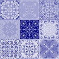 Set of seamless ceramic tiles in blue and beige retro colors with vintage ethnic patterns and floral motifs in the style of a patc Royalty Free Stock Photo