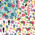 Set of Seamless decorative pattern with flamingo, toucan and tropical flowers and leaves