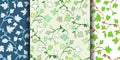 Set: 3 Seamless floral pattern with branches and leaves, abstract texture, endless background. Vector illustration. Royalty Free Stock Photo