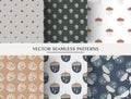Set of seamless forest pattern with doodle acorn. Autumn forest background collection