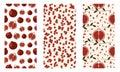 Set of seamless fruits vector pattern, bright colorful background with pomegranates, seeds, branches with leaves.