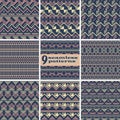 Set of seamless geometric patterns dark blue, yellow, pink color Royalty Free Stock Photo