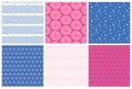 Set of seamless hand drawn patterns in pink and blue colours. Vector Japanese traditional surface design.