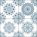 Set of seamless indigo patterns in blue for floor tiles, ornamental collection for glazed ceramic. Vintage Illustration