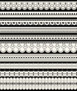 Set of seamless lace borders. Ten white openwork ribbons isolated on black background. Royalty Free Stock Photo