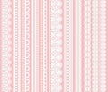 Set of seamless lattice borders. Ten white lace ribbons isolated on pink background.