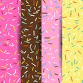 Set of seamless pattern bright tasty vector donuts and sprinkles background in cartoon style for menu in cafe and shop.