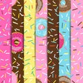 Set of seamless pattern bright tasty vector donuts and sprinkles background in cartoon style for menu in cafe and shop. Royalty Free Stock Photo