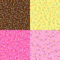 Set of seamless pattern bright tasty vector donuts and sprinkles background in cartoon style for menu in cafe and shop.