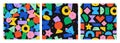 Set of seamless pattern with cute cartoon geometric figures with different face emotions. Colorful funny characters Royalty Free Stock Photo