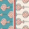 Set of seamless pattern with fish flounder or plaice