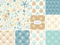 Set of seamless patterns with hand drawn seashells, neutral colors marine theme in minimal scandinavian style Royalty Free Stock Photo