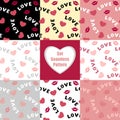 Set Seamless pattern with hearts lips and inscription love