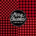 Set Seamless pattern texture. Merry Christmas white hand drawn lettering text inscription. Vector illustration Checkered