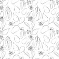 A set of seamless patterns of avocados, leaves, fruits and flowers, 1000x1000 pixels. Vector graphics