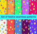 Set of seamless patterns with balloons and caps, confetti. A festive background of gift wrappers, wallpaper, fabrics. Vector