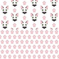 Set of seamless patterns with black cat face and paw prints. Colored vector backgrounds. Royalty Free Stock Photo