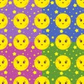 Set of seamless patterns of cartoon smiling moons with stars on a colored background