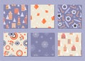 Set of seamless patterns for Christmas and New Year with buildings, decorations, gifts and snowflakes Royalty Free Stock Photo