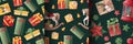 Set Of Seamless Patterns For Christmas. Texture With Holiday Gift Boxes, Rocking Horse, Bows, Lantern. Great For