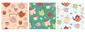 Set of seamless patterns with cute teapots and cups. Vector graphics