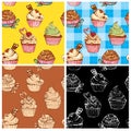 Set of seamless patterns with decorated sweet cupcakes Royalty Free Stock Photo