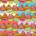 Set of seamless patterns with decorated sweet cupcakes Royalty Free Stock Photo