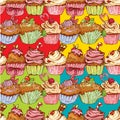 Set of seamless patterns with decorated sweet cupcakes