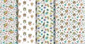 Set 4 seamless patterns with decorative with cute faces of unicorns, ice cream, stars, hearts, donut, rainbow, crowns, cupcake Royalty Free Stock Photo