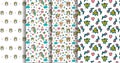 Set 4 seamless patterns with decorative with cute faces of unicorns, ice cream, stars, hearts, donut, rainbow, crowns, cupcake Royalty Free Stock Photo