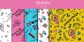 Set of seamless patterns doodle signs of feminism, women s rights. Grunge hand drawn vector icons of Feminism protest Royalty Free Stock Photo