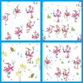 Set of Seamless Patterns with Flamingoes Christmas Party