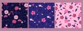 Set of seamless patterns with flowers in blue and pink colors. Vector graphics Royalty Free Stock Photo