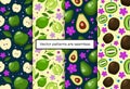 Set of seamless patterns with fruits, apples, avocado, lime, kiwi, pink flowers, leaves, circles on blue and light Royalty Free Stock Photo