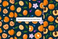 Set of seamless patterns with fruits, oranges, apricots, mangoes, persimmons, pink flowers, leaves, circles on blue Royalty Free Stock Photo